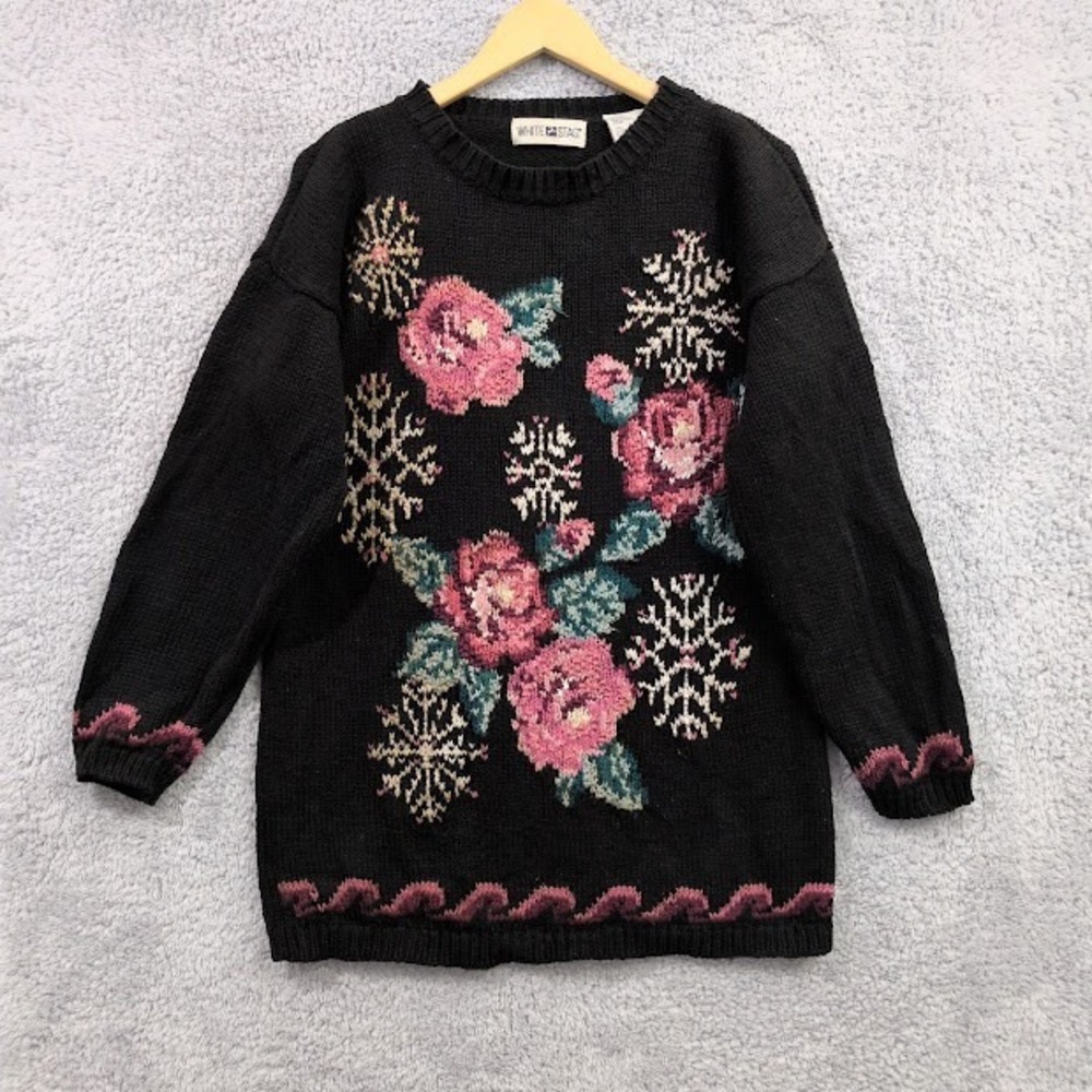 White Stag Sweater Womens Large Black Floral Snowflake Knit Ramie Cotton Vintage